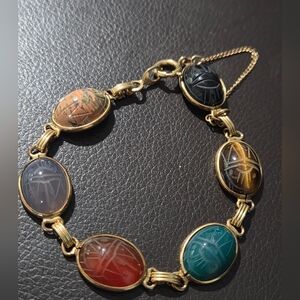 Vintage 1/20 12k Gold Filled Oval Carved Scarab Link Bracelet